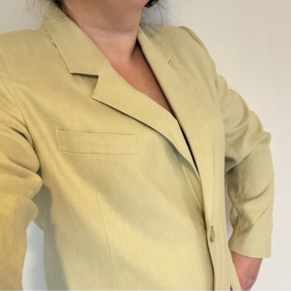 Bice Linen Rayon Blend Blazer Size 14 Pale Green Yellow Vintage Shoulder Pads 90
